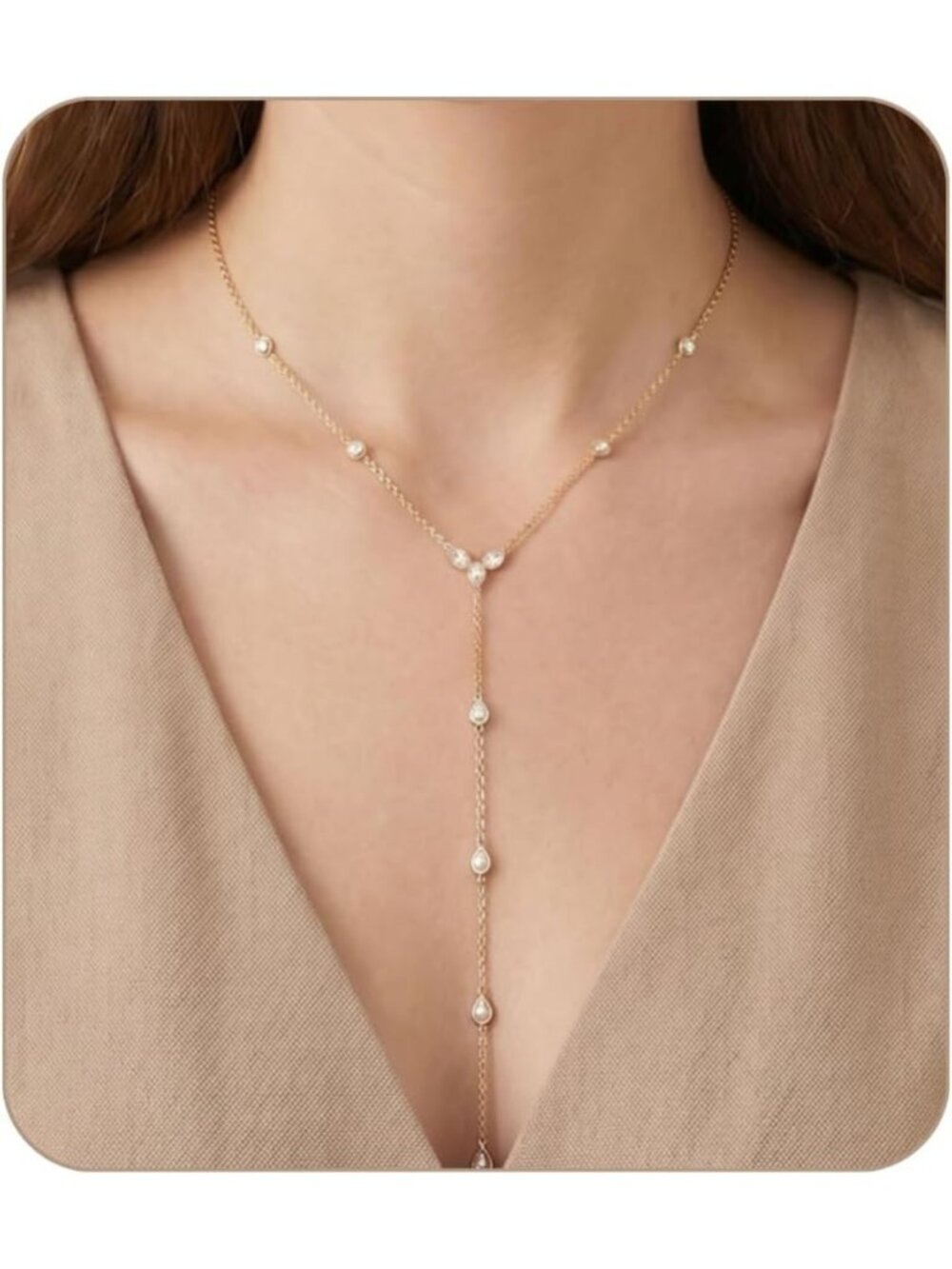 Dainty Gold Lariat Necklace - Waterproof Long Drop Chain with Cubic Zirconia